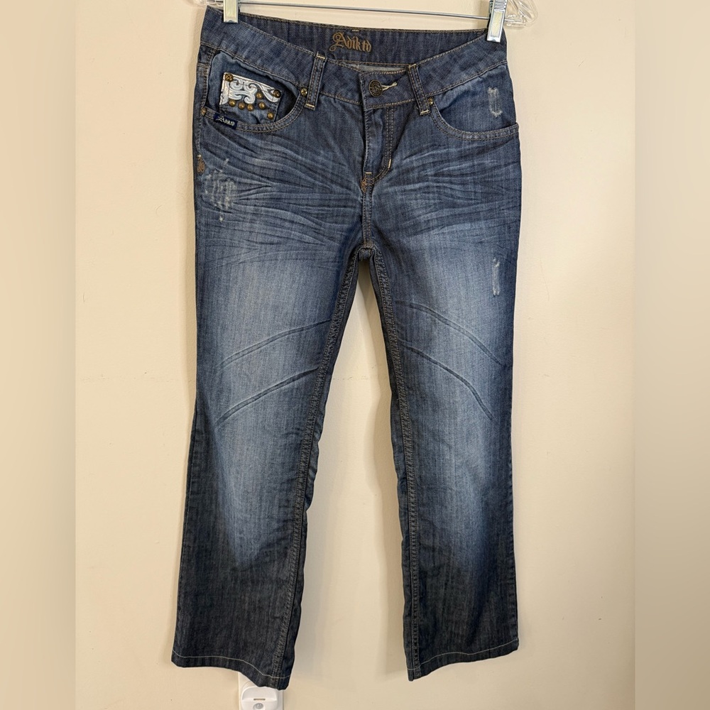 Adiktd retro distressed straight leg denim jeans lace stud embellished SZ 4/28”